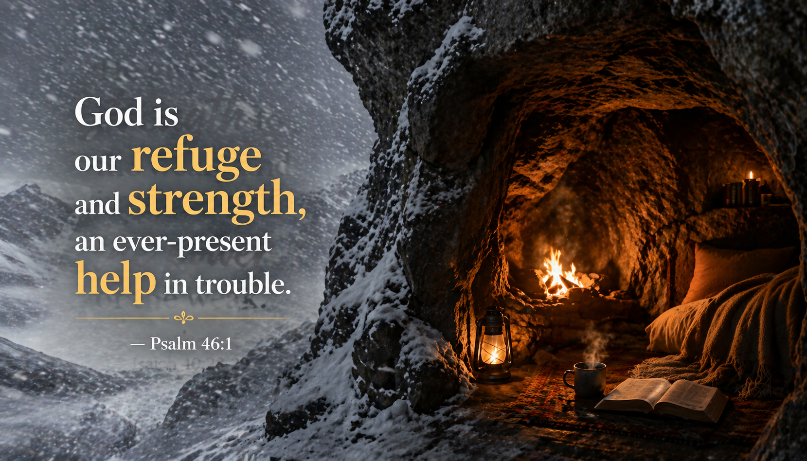Bible verse wallpaper Psalm 46:1 with warm firelit cave entrance during blizzard showing contrast between chaos and shelter